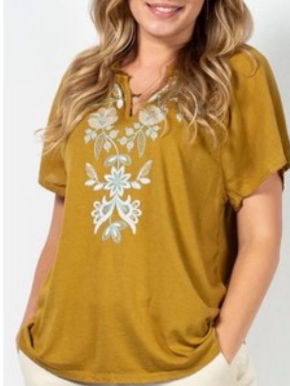J.Jill mustard yellow embroidered peasant  top spring summer boho sz MP
